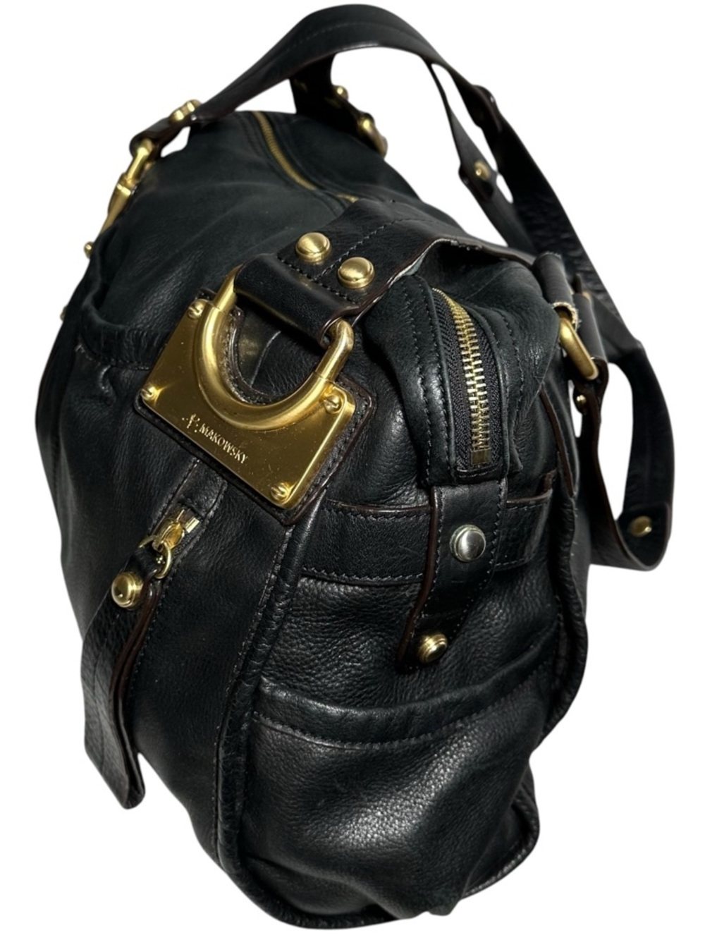 b. makowsky Black Leather Gold Logo Hardware Montgomery Shoulder Satchel Bag - Picture 6 of 14